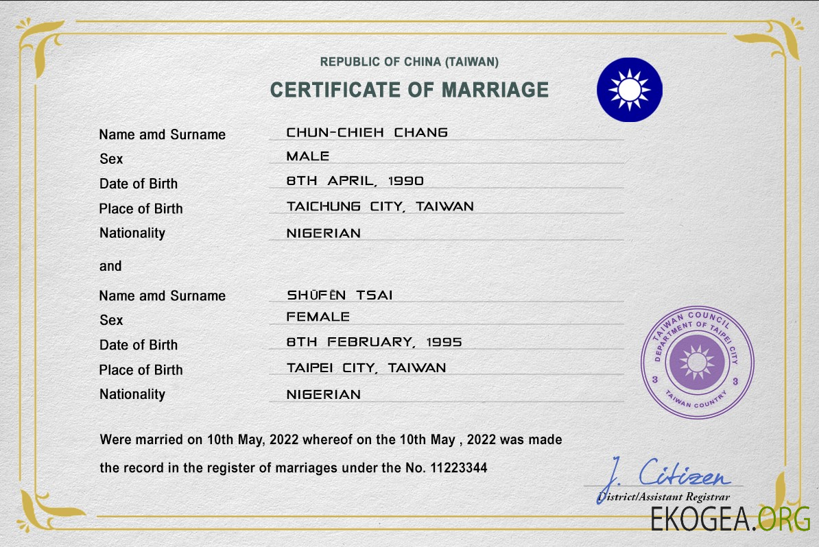 Modèle PSD de certificat de mariage à Taiwan